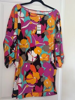 Trina Turk Vibrant Floral Scoop-Neck Tunic in Teal, Magenta & Orange